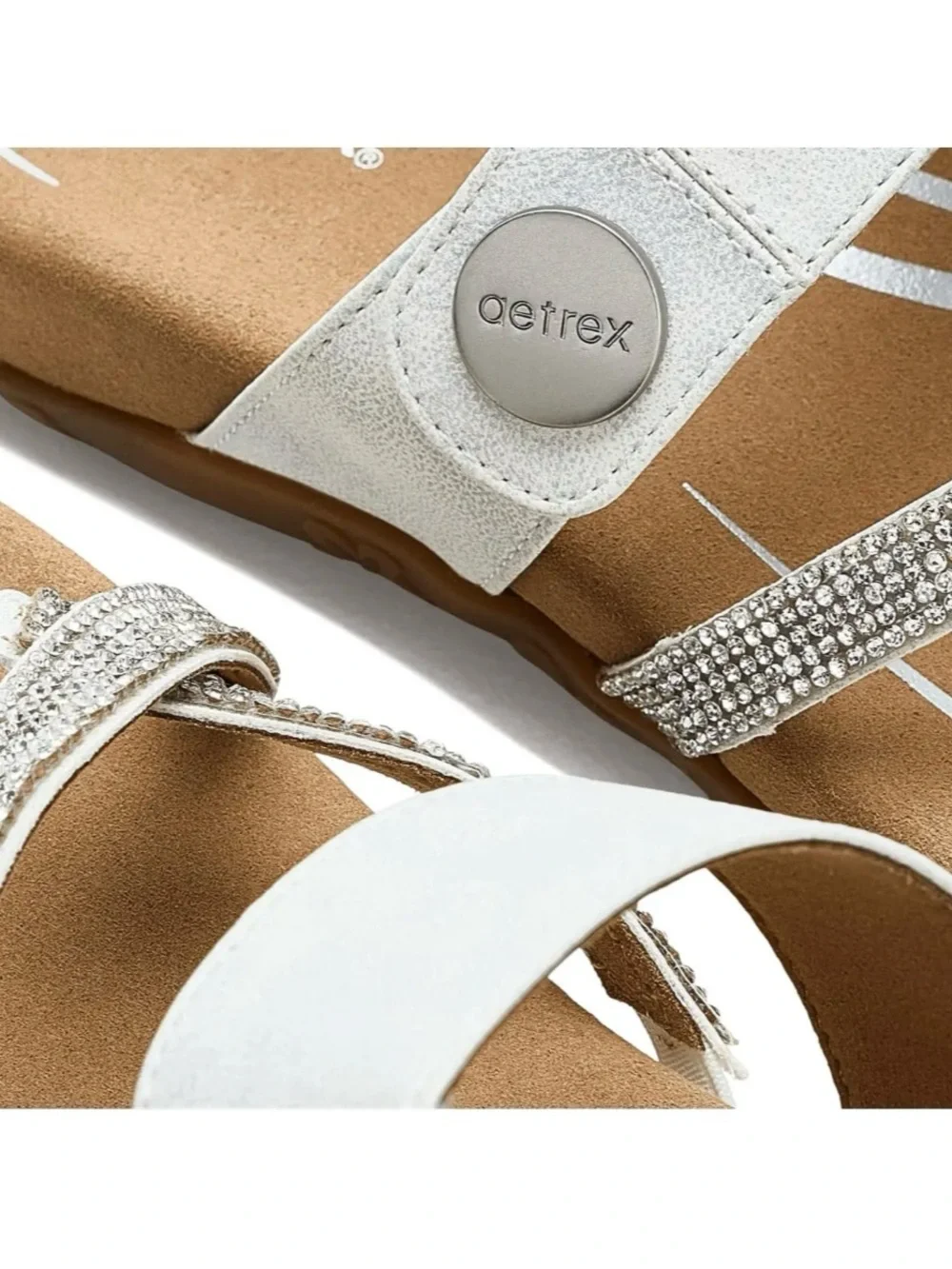 Aetrex Silver Metallic Leather Sandal with Rhinestone Straps